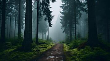 Mysterious foggy forest path enchanted pine woods nature scene serene atmosphere depth perspective hidden secrets photo
