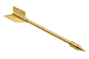 A golden arrow featuring a sleek shaft, detailed fletching, and a sharp metallic tip, radiating elegance and precision png