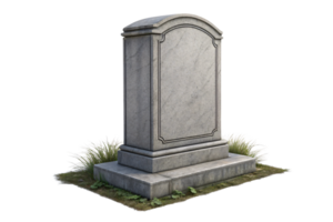 A polished gray tombstone with rounded edges and engraved borders, placed on a stone platform surrounded by grass and scattered foliage png