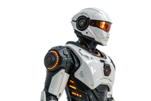 A white robotic design with glowing orange circuits, exuding an advanced, high-tech, military-grade appearance png