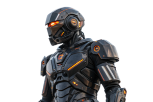 A futuristic black robot with glowing orange highlights, intricate plating, and a rugged, battle-ready stance png