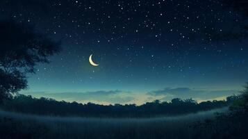 A night sky with a crescent and stars photo