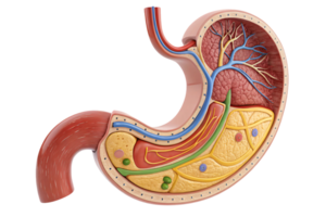 A vivid stomach model with layered anatomy. Red vessels and nerves weave through, while internal folds display intricate details of the digestive system png