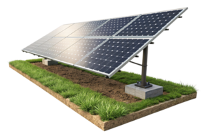 A closer view of solar panels with lush greenery, emphasizing renewable energy technology integrated into natural surroundings png