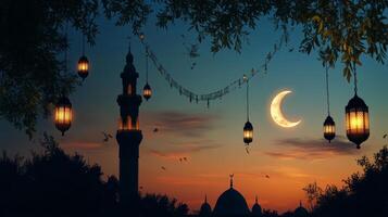 Islamic lanterns hanging from trees at sunset photo