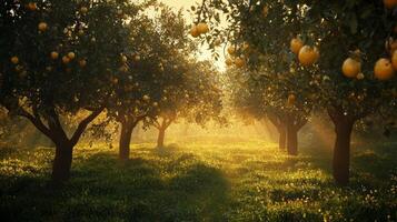 An orchard with many lemons growing in the sun photo