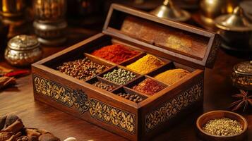A wooden box with spices and spices on a table photo