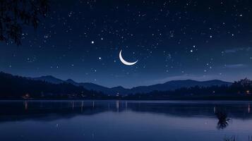 A crescent moon is seen over a lake at night photo
