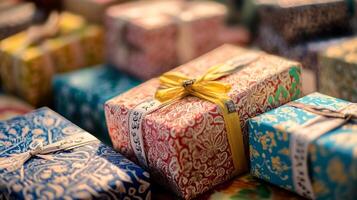 Many colorful gift boxes with ribbons tied to them photo
