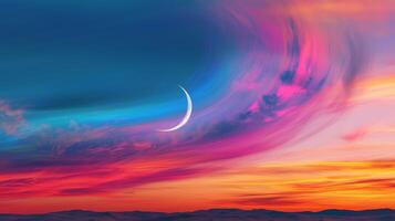 A crescent moon is seen in the sky at sunset photo