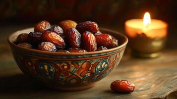 Dates in a bowl on a table with a candle photo