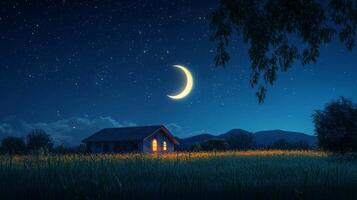 A house and a crescent in the night sky photo