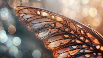 A close up of a butterfly wing with a bokeh effect photo