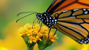 A monarch butterfly is perched on a yellow flower photo