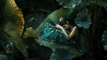 A woman with tattoos on her body is sitting on a leaf photo