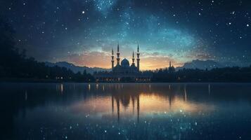 The night sky over a lake with a mosque in the background photo