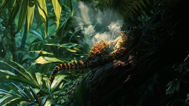 A lizard is sitting on a tree branch in the jungle photo