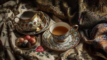 A tea cup and saucer on a table with fruit photo