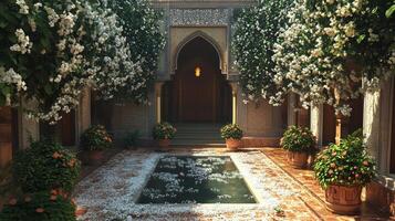 A courtyard with flowers and a fountain photo