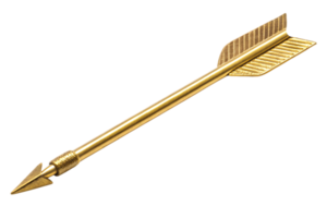 A stylized golden arrow with intricate feather-like fletching and a sharp triangular tip, designed with artistry and balance png