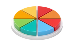A colorful pie chart displayed on a white circular base, featuring bright, evenly segmented slices in yellow, red, blue, green, and orange png