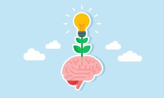 A lit lamp flowering plant grows from the brain, illustration of creativity, ideas, and business innovation emerging from critical thinking vector