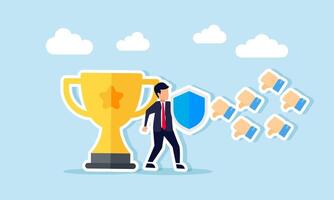 A businessman holds a shield, trying to protect a trophy from attacks by several thumbs-down emojis dislikes, illustration of warranty ensuring service and product quality vector