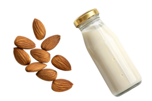 Almonds arranged next to a tilted almond milk bottle with a golden lid, highlighting creamy texture and nutty richness in a minimalist design png
