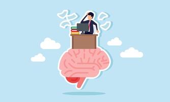 Businessman feels confused at a work desk placed on top of a brain, illustration of confusion in designing and determining company vision vector