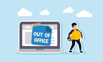 A businessman carries a lamp walking away from a laptop displaying OUT OF OFFICE, illustration of resigning from an office or company with creativity, ideas, and innovation vector