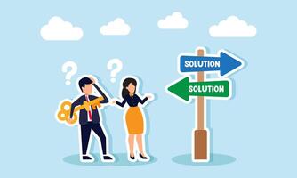 A businessman carries a key while a businesswoman looks confused at a signpost that says SOLUTION, illustration of confusion in finding the right solution for business vector