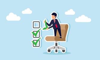 A businessman climbs an office chair to place a checkmark on a checklist column, illustration of completing business company tasks vector