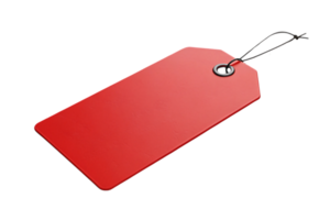 A red tag, slightly angled, emphasizing its glossy texture, and enhanced by a secure black string for an attractive yet functional appeal png
