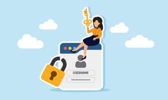 A businesswoman holds a key while sitting on a locked login interface, illustration of business company data confidentiality vector