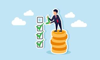 A businessman climbs a stack of coins to place a checkmark on a checklist column, illustration of achieving a business company's profit target vector