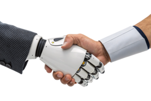 A formal handshake between a robotic and human hand, highlighting precision, partnership, and innovation in a corporate context png