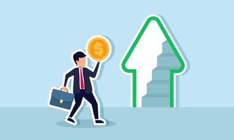 A businessman holds a dollar coin while climbing stairs with an upward arrow, illustration of business performance improvement through financial capital stability and investment vector
