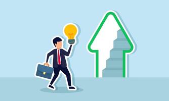 A businessman holds a lamp while climbing stairs with an upward arrow, illustration of business performance improvement through creative ideas vector