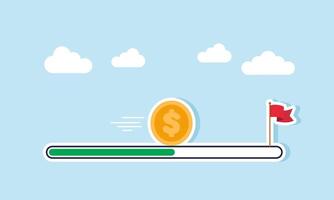 A dollar coin moves toward a flagpole following the progress of a loading bar, illustration of progress in achieving a company's financial target vector