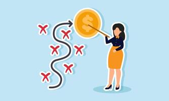 A businesswoman explains with a pointer about a path like a map leading to a dollar coin, illustration of mitigation and planning in business financial management vector