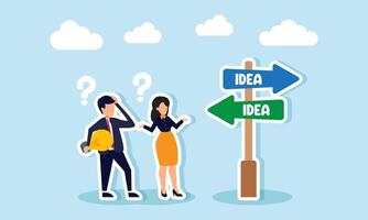 A businessman carries a lamp while a businesswoman looks confused at a signpost that says IDEA, illustration of confusion in choosing the right and relevant business idea vector