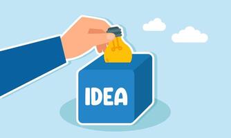 A hand inserts a lamp into a box labeled IDEA, illustration of giving suggestions and input on business ideas vector