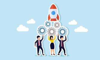 Businesspeople collaborate to assemble a gear system supporting a rocket, illustration of synergy in building a startup business vector