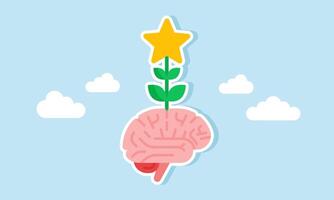 A flowering plant with a star grows from the brain, illustration of a high-quality mindset vector