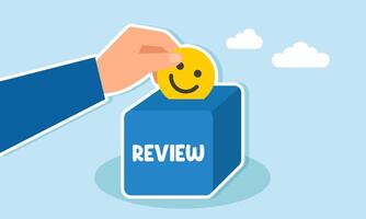 A hand inserts a smiling emoticon into a box labeled REVIEW, illustration of giving suggestions and input on business experience reviews vector