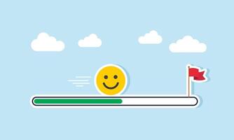 A happy emoticon moves toward a flagpole following the progress of a loading bar, illustration of progress in achieving positive market attention vector