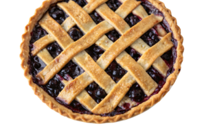 Overhead view of a freshly baked blueberry pie, with a woven crust glistening from a golden, buttery finish png
