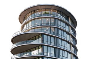 Rounded glass-fronted building with balconies, sleek metal framing, and soft interior lighting, showcasing urban luxury and architectural innovation in a vibrant metropolitan setting png