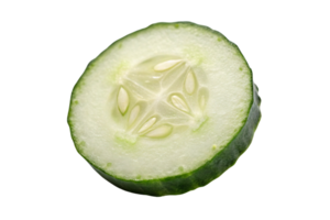 A cucumber slice, slightly angled, showcasing its crisp texture, light green skin, and translucent central seed arrangement png