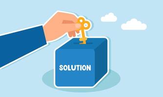 A hand inserts a key into a box labeled SOLUTION, illustration of giving input and advice on business solutions vector